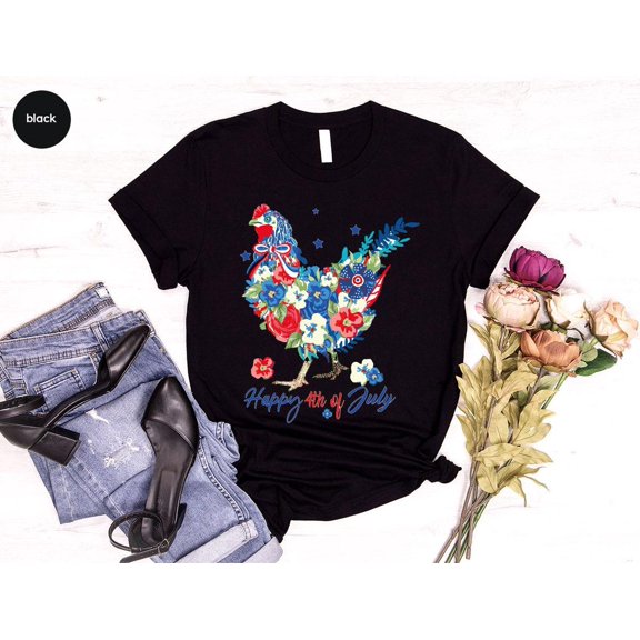 Chicken 4Th Of July Shirt, Patriotic T-Shirt, Fourth Of July Gift, Chicken Graphic Tees, Floral Shirt, America Mom Shirt, Gift For Her