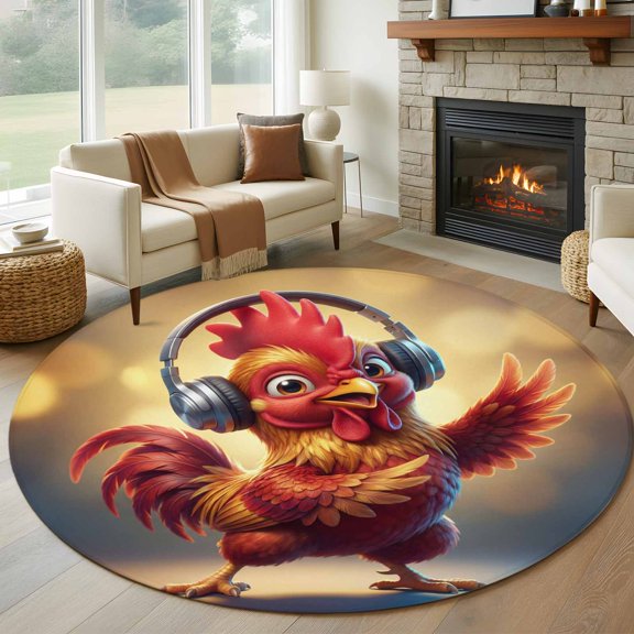 Chicken 7ft Round Rug for Living Room Conversation Area, Abstract Headphone Chicken Shiny Light Background Washable Non Slip Large Circle Area Rug