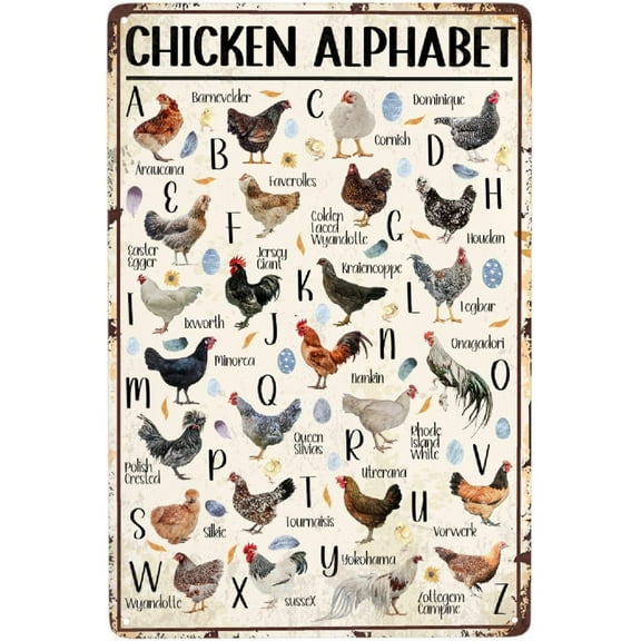 Chicken Alphabet Vintage Metal Poster Farm Sign Decor-Retro Aluminum Metal Tin Sign for Home Wall Decor, Kitchen Farmhouse Country Farm Barn, Chicken Coop Outdoor Wall Signs Gift,12''x 8''
