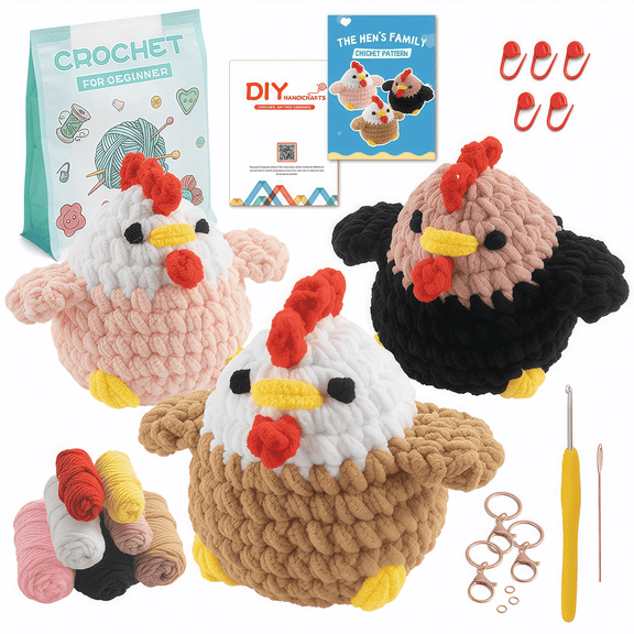 Chicken Amigurumi Crochet Kit for Adults, Beginner DIY Knitting Kit with Yarn, Hooks, Accessories and Video Tutorials, 3 Pcs