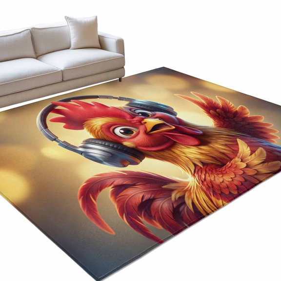 Chicken Area Rug, Abstract Headphone Chicken Shiny Light Background Non-Slip Felt Rubber Backing Rectangle Indoor Carpet Washable Rugs for Living Room Bedroom 8x10ft