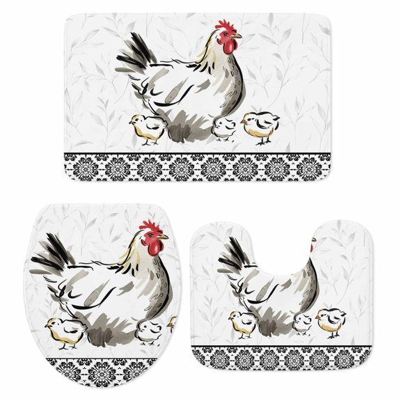 Chicken Bath Mat 3 Piece Bathroom Rug Set, Farmhouse Country Animal Black Flower Leaf Non Slip Bath Rug Contour Mat and Toilet Lid Cover, Absorbent Shower Mats Soft Bath Rugs and Mats Sets