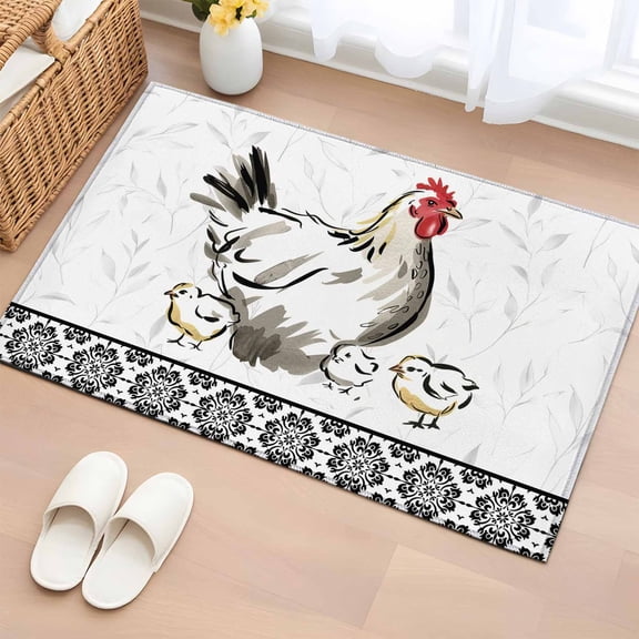Chicken Bathroom Rug Washable 2x3 Entryway Rug Non Slip Farmhouse Country Animal Black Flower Leaf Front Door Mat Low Pile Indoor Doormat Throw Floor Carpet for Kitchen Bedroom Entrance