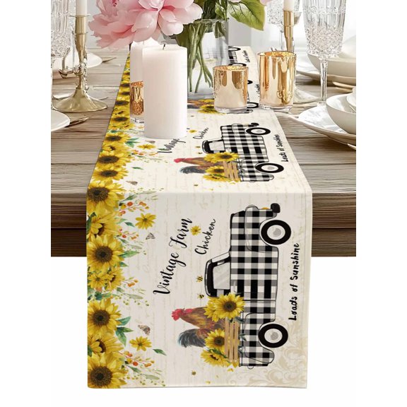Chicken Black Buffalo Plaid Trucks Table Runner-60 Inch Long Vintage Sunflower Leaves Table Runners Linen Burlap Tablerunner for Kitchen Dining Room Holiday Party