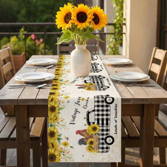 Chicken Black Buffalo Plaid Trucks Table Runner-70 Inch Long Vintage Sunflower Leaves Table Runners Linen Burlap Tablerunner for Kitchen Dining Room Holiday Party