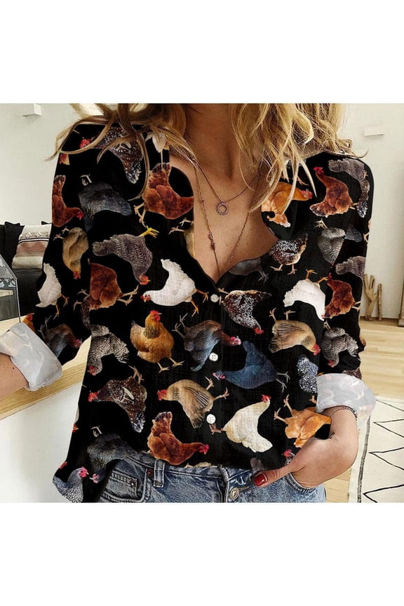 Chicken Blouse Shirt, Farm Animal Casual Shirt, Funny Farmer Women Shirt, Chicken Lover Gift, Animals Button Down Shirt For Vacation, Cottagecore Shirt