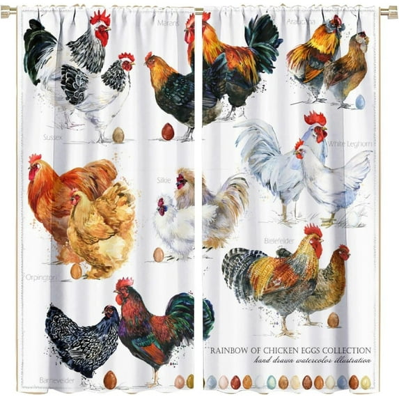 Chicken Breed Collection Curtains Watercolor Cartoon Farm Animal Hen Rooster Modern Bedroom Living Room Blackout Rod Pocket Decoration Window Drapes 2 Panels W21xL54in
