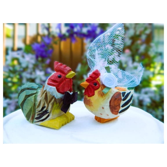 Chicken Bride & Groom Wedding Cake Toppe - Hand-Carved Rooster & Hen Love Figurines. Rustic Farm Animal Couple Cake Topper, Bride & Groom Wedding Engagement Anniversary Wood Statue