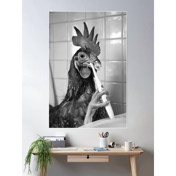 Chicken Brushing Teeth In The Bathroom Poster Wall Art Modern Wall Decor For Living Room Bedroom Art