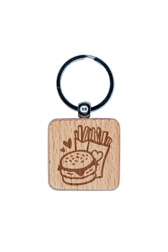 Chicken Burger and Fries Fast Food Square Keychain Charm Tag - Engraved Wood