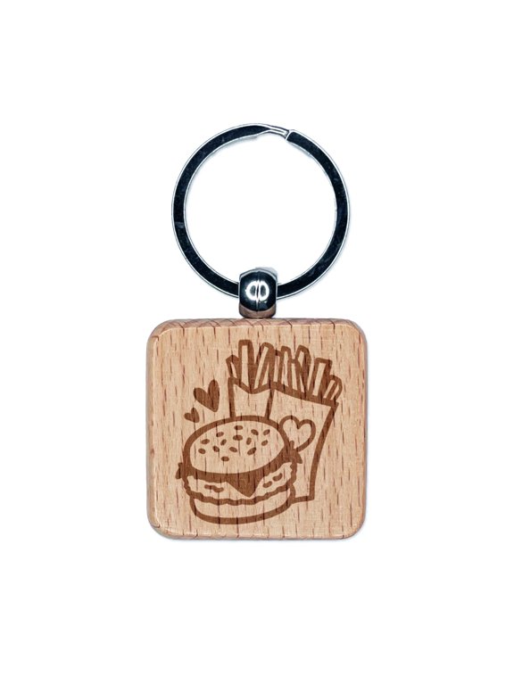 Chicken Burger and Fries Fast Food Square Keychain Charm Tag - Engraved Wood