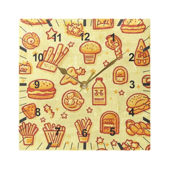 Chicken Burger and Fries Wall Clock Battery Operated Silent Non-Ticking Bedroom Office Kitchen Home School Decor 7.8"(Gold)