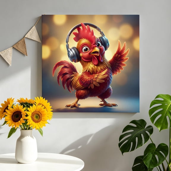Chicken Canvas Wall Art, Abstract Headphone Chicken Shiny Light Background Framed Canvas Wall Decor Picture Print Artwork Decorations for Living Room Office Ready to Hang 8" x 8"