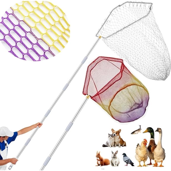 Chicken Catching Net 2 Pcs, 43" to 65" Adjustable Length, Chicken Net for Chicken Supplies, Stainless Steel Poultry Catcher for Catching Small Chicken, Goose, Ducks, Fish, Birds(2 Nets & 1 Pole