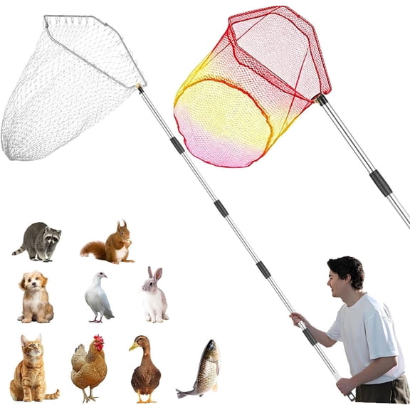 Chicken Catching Net 2 Pcs, Bird Catching Net, 32" to 80" Stainless Steel Poultry Catcher for Catching Small Chicken, Goose, Ducks, Fish, Birds(2 Nets, 1 Pole Included)