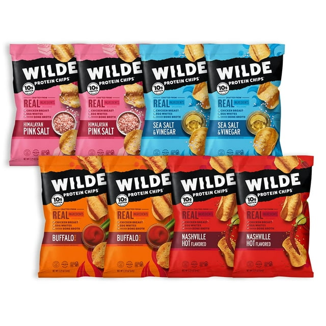 Chicken ChipsTome Variety Pack by Wilde Chips, Pink Salt, Sea Salt and Vinegar, Nashville Hot, Buffalo, 2.25oz Bag (8 Pack)