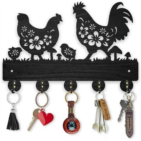 Chicken Coat Hooks Wall Mount Floral Roosters Hens Chicks Wood Key Holder for Wall 11.87.9inch Black Animal Wall Art Decor Key Hooks 5 Alloy Hooks for Gift Farmhouse Entryway Living Room Black