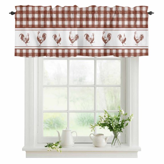 Chicken Cock Rooster Valances for Windows, Rod Pocket Kitchen Valance Curtains - Soft & Washable Small Window Treatment for Living Room, Bathroom, Farmhouse Animal Red Buffalo Plaid 42x12inch