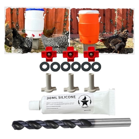Chicken Cooler Waterer Conversion Kit with Three Nipples, Silicone Seals, Drill Bit and Installation Parts. Cooler NOT included.