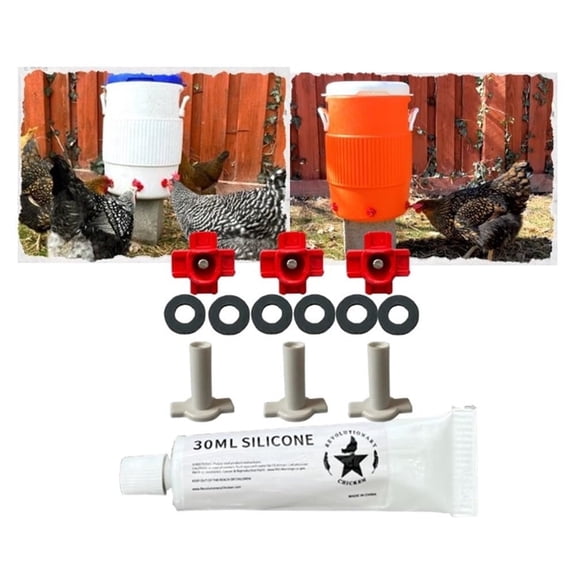 Chicken Cooler Waterer Conversion Kit with Three Nipples, Silicone Seals, Installation parts. Drill bit NOT Included. Cooler NOT included.