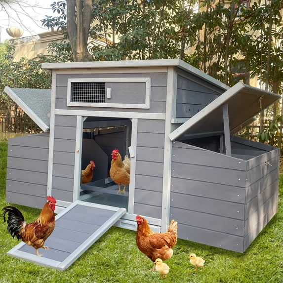 Chicken Coop, 58" Wooden Chicken Coop with 2 Sides Large Nesting Boxes for 4-6 Chickens, Poultry Hutch Rabbit Cage with No-Slip Ramp & Pull-Out Tray for Outdoor Farm Yard