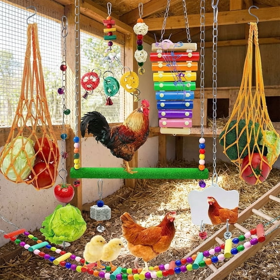 Chicken Coop Accessories, Chicken Enrichment Toys, Chicken Swing, Multi-Function Bird Toy Kit with Foraging Net Ladder Mirror Xylophone for Poultry