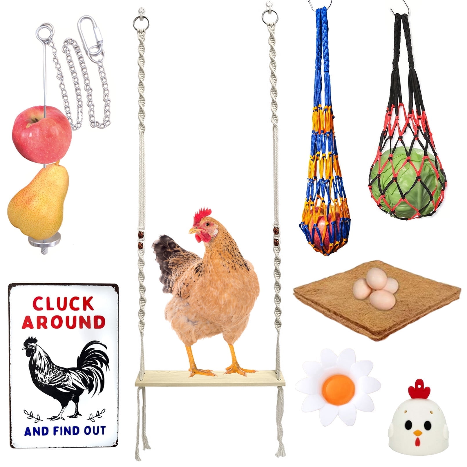 Chicken Coop Accessories, Chicken Toys for Coop, Chicken Swing, Hanging Chicken Feeders, Chicken Sign, Chicken Nesting Pads, Egg Cleaner, Egg White Separator, Chicken Accessories and Decor Wahoukei