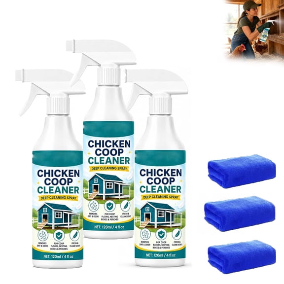 Chicken Coop Cleaner Spray, Eliminates Odor & Mess in Minutes | Fast-Acting, Fresh Natural Scent, Towels Provided, Compact 120ml Portable Bottle, for Floors & Perches, Enjoy a Fresher Coop(3PCS)