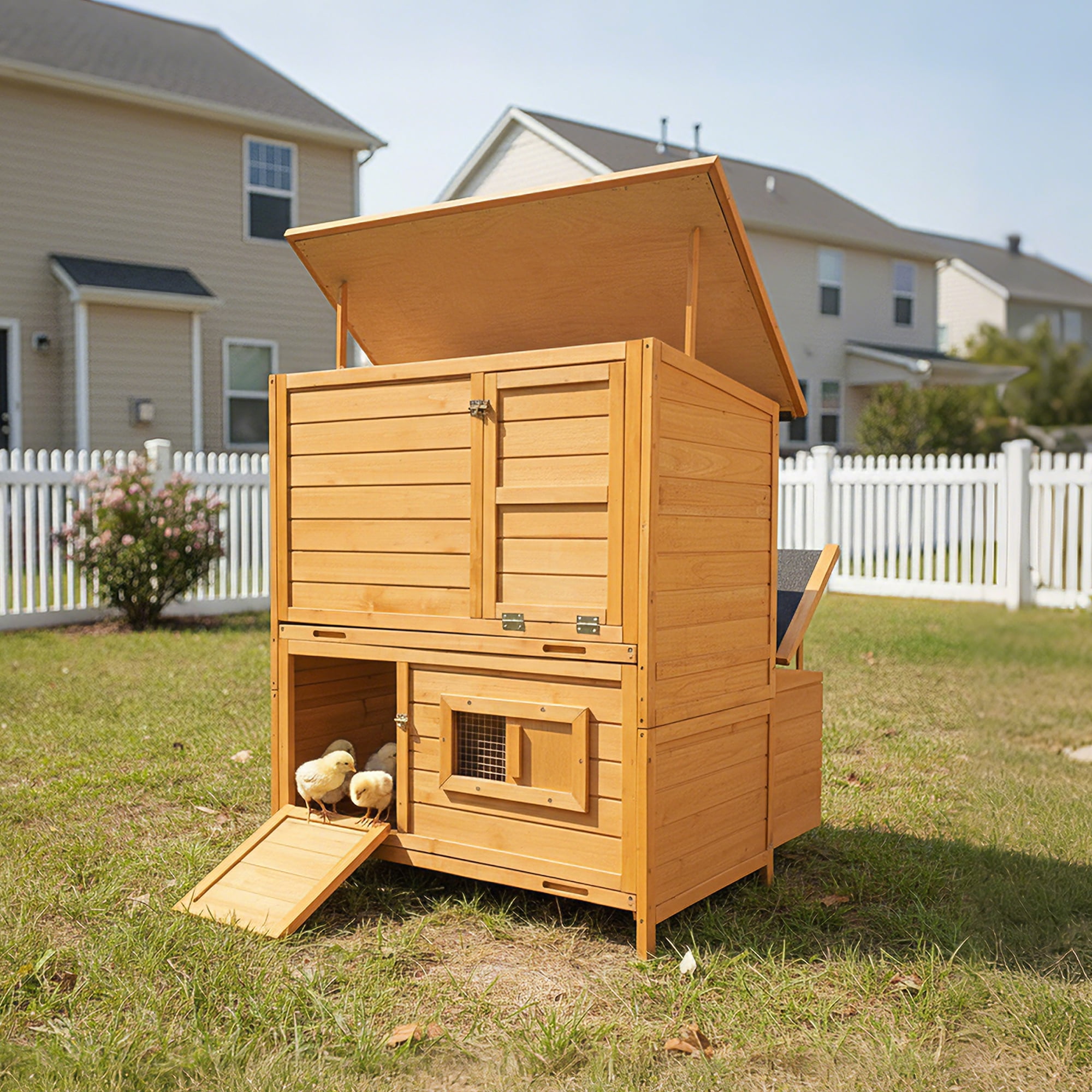 Chicken Coop, Double-House Wooden Chicken Coop For 6-8 Chickens With 3 Nesting Boxes And 2 Pull-Out Trays, Featuring A Foldable Ramp And Flip-Up Asphalt Roof