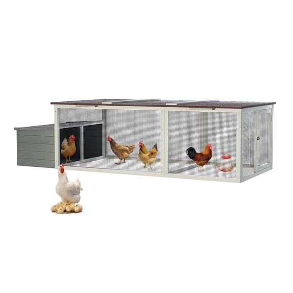 Chicken Coop Outdoor Hen House, Large Walk-In Poultry Cage with Nesting Box and Asphalt Roof, Secure Locking System and Metal Mesh Run, Easy Assembly for Backyard Farm Use, 85.6 Inch Gray