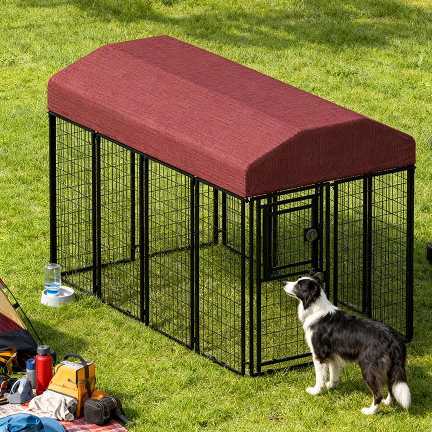 Chicken Coop Outdoor Run Pen 98"x50"x60", Metal Chicken Tractor Cage with Cover, Large Poultry Enclosure for Yard Ducks Rabbits Hens, Red