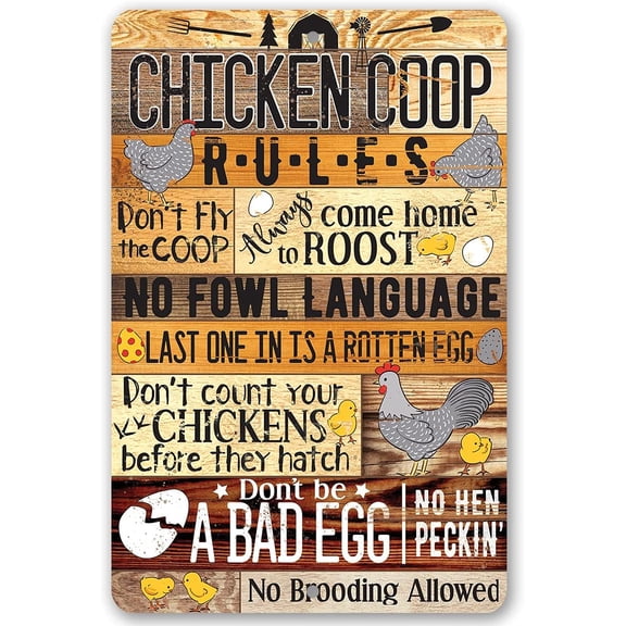 Chicken Coop Rules - Funny Chicken Coop Sign, Farmhouse Wall Hanging Decor and Farm Warning Signs, Great Gift for Chicken Farm Owners, Wood Style Look 8x12 Indoor or Outdoor Durable Metal Sign