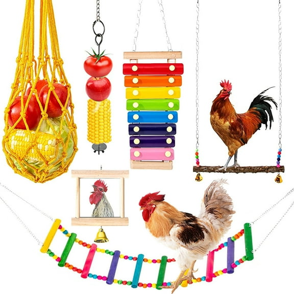 Chicken Coop Toys, Xshuai 6PCS Enrichment Chicken Accessories Set, Wooden Chicken Ladder Roosts Xylophone Mirror with Bells Vegetable Hanging Feeder for Hens