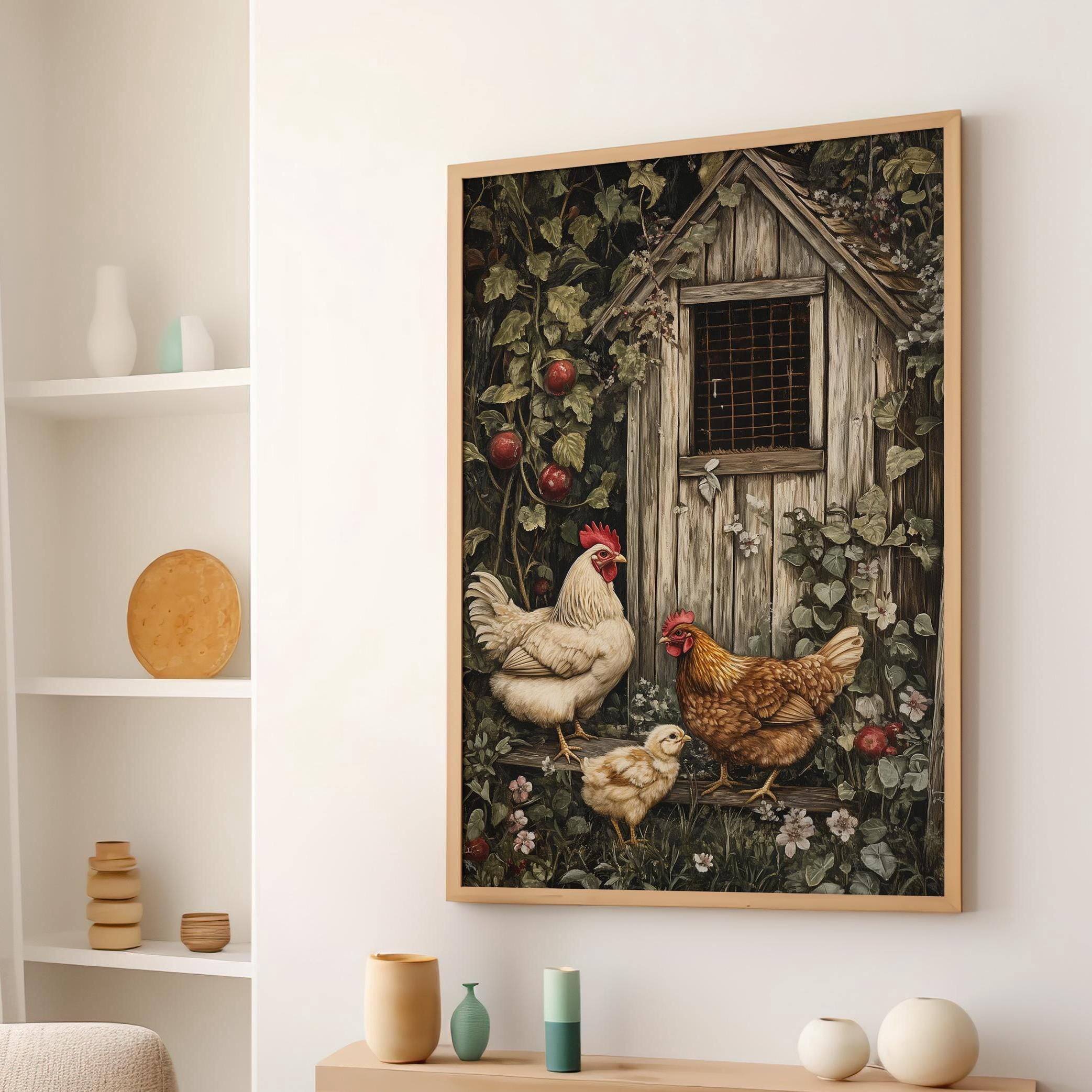 Chicken Coop With Hens And Chick Oil Or Chicken Farmhouse House Nursery ...