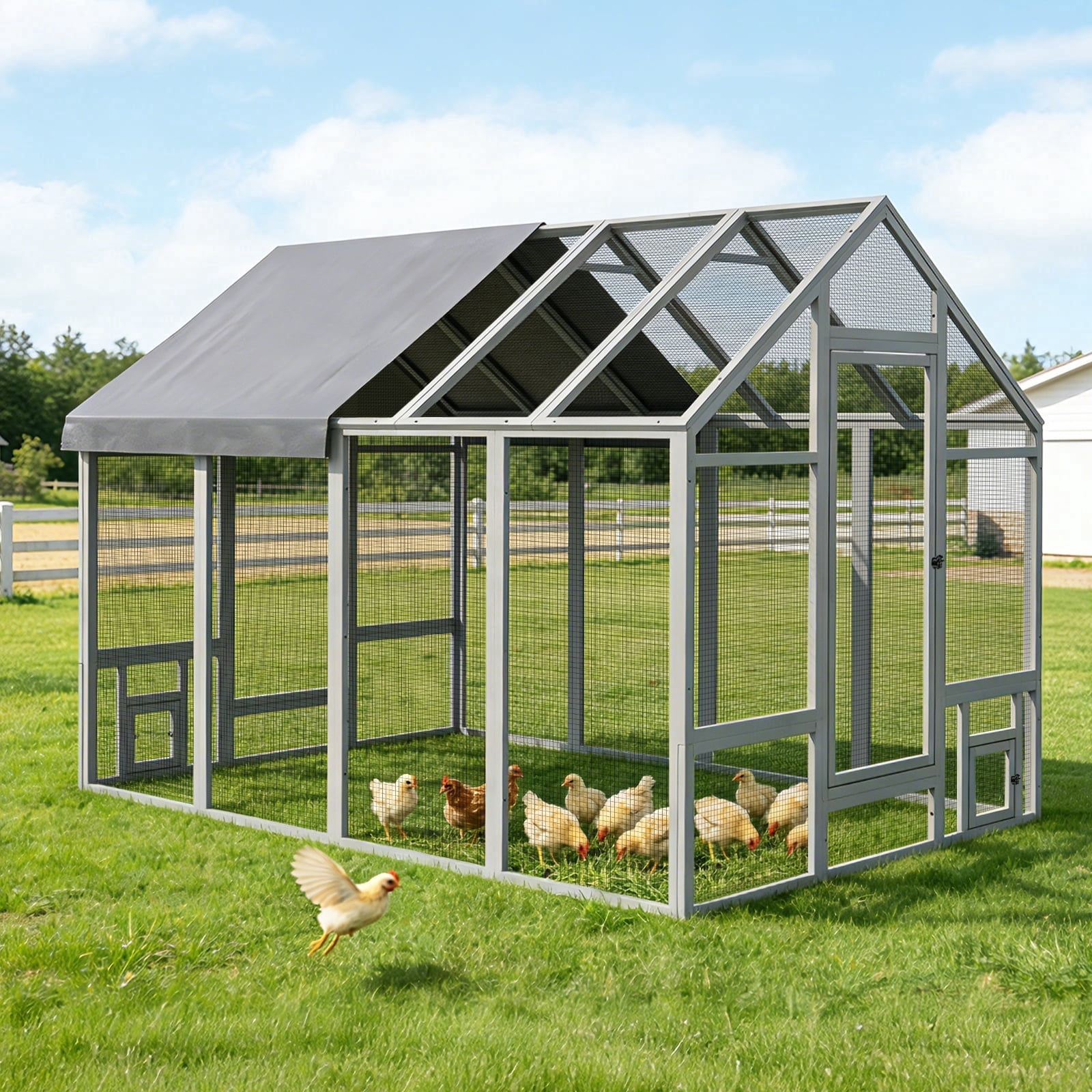 Running Chicken Front TIMHAKA 96” Outdoor Large Chicken Coop, Wooden Chicken Run w/ Cover for ...
