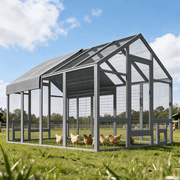 TIMHAKA 96  Outdoor Large Chicken Coop, Wooden Chicken Run w/ Cover for 12 Chickens, Gray