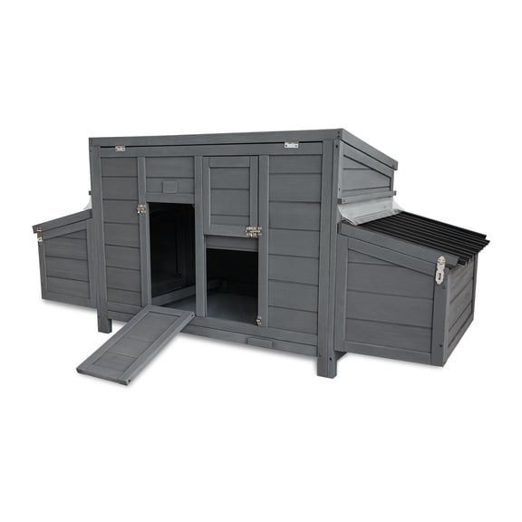 Chicken Coop with 2 Large Nesting Boxes, 61" Chicken Coops, Wooden Hen House for 4 Chickens, Outdoor Poultry Cage Duck Coop Weatherproof (Grey)