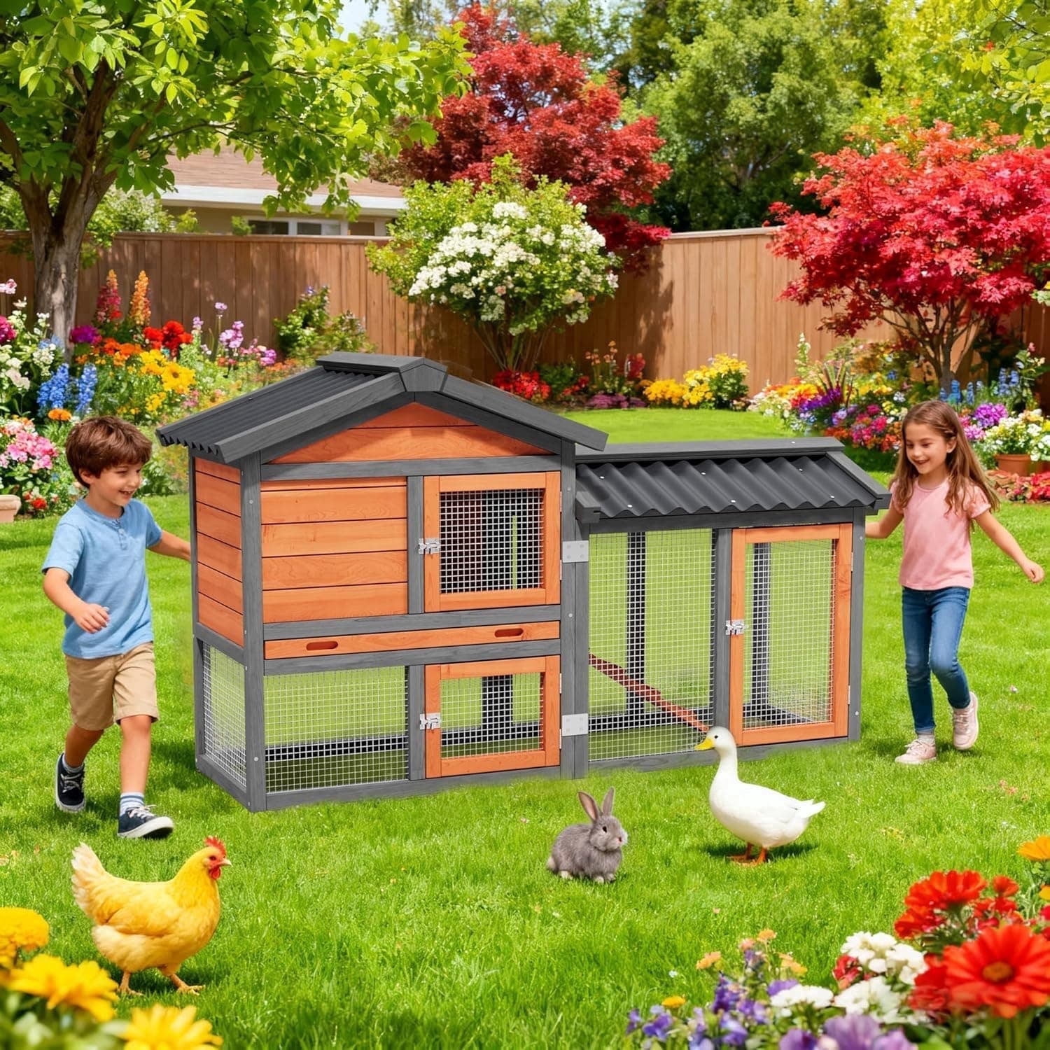 Chicken Coop with Run, 58" 2-Story Predator Proof Wooden Duck Hutch, Outdoor Rabbit Hen House