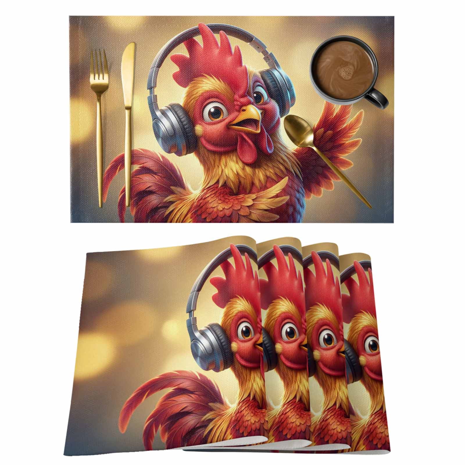 Chicken Cotton Linen Placemats Set of 2, Abstract Headphone Chicken ...