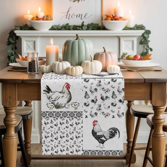 Chicken Cotton Linen Table Runner, Washable Table Runners for Kitchen, Dining Room, Holiday, Home Party Table Decor, 13x36 Inches