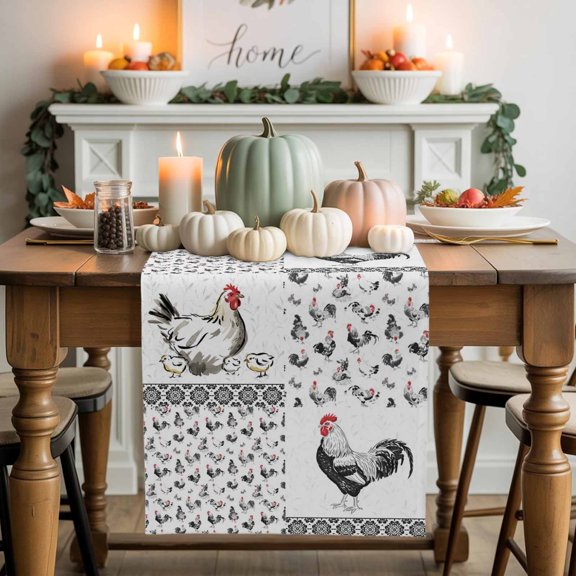 Chicken Cotton Linen Table Runner, Washable Table Runners for Kitchen, Dining Room, Holiday, Home Party Table Decor, 13x48 Inches