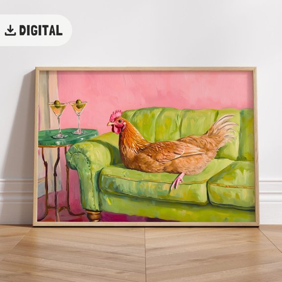 Chicken Couch Martini Farmhouse Wall Art Poster Unframed Paper Print