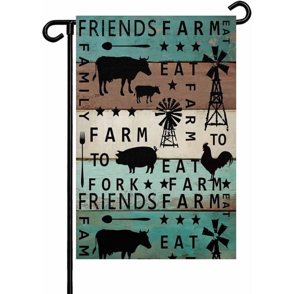 Chicken Cow Pig Garden Flag 12x18 Inch Farmhouse Animal Windmills Teal Wood Grain Double Sided Yard Flags for Outdoor Decoration Welcome Flag Outside Holiday Home Garden Porch lawn Patio Sign