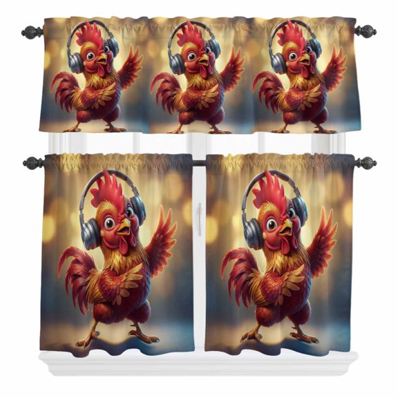 Chicken Curtain Valances Set Abstract Headphone Chicken Shiny Light Background Kitchen Curtains 24 inch Length Rod Pocket Valance and Tiers 3 Piece Set Small Bedroom Bathroom Laundry Decor