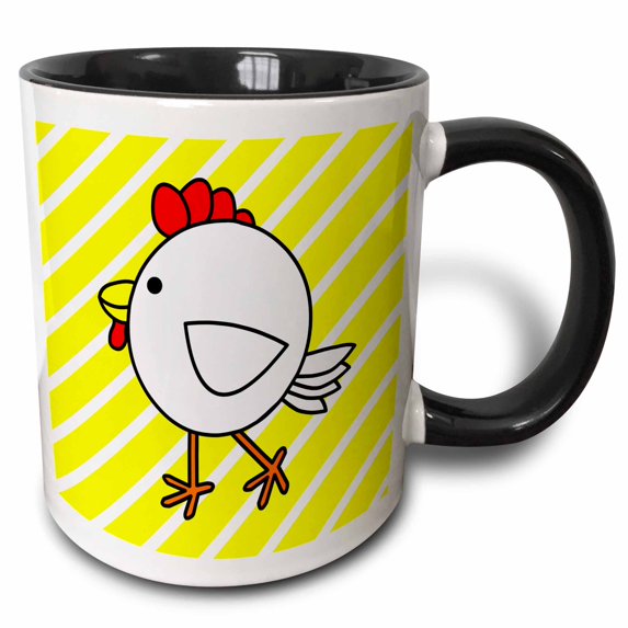 3drose, Chicken Dance White with Yellow Stripes, 15oz Two-tone Black Mug