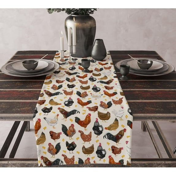 Chicken Decor Table Runner Linen Vintage Rustic Farm Animal Rooster Hen Printed for Table Decor Kitchen Table Party Wedding Holiday Table Runner13.8x90in