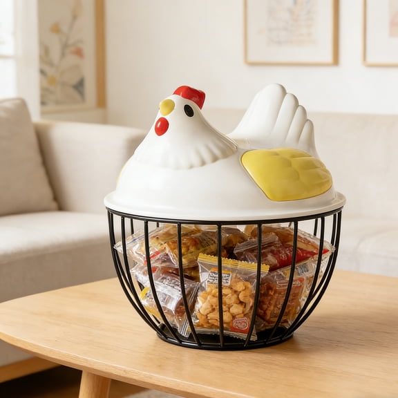 Chicken Design Ceramic Egg Storage Basket Iron Basket Holds 20-25 Eggs, Egg Holder, Organizer Case, Container Egg Basket Holder （Yellow）