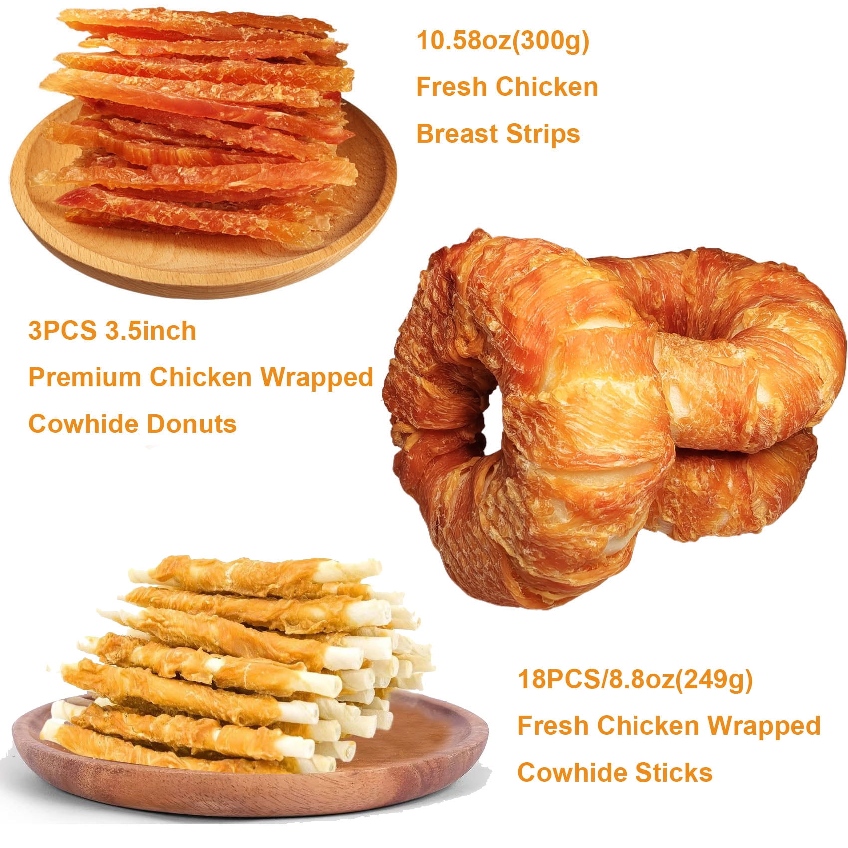 Chicken Dog Treats Bulk Pack – 10.58oz Chicken Strips, 3pcs Chicken Wrapped Rawhide Donuts & 18pcs 8.8oz Rawhide Sticks – Grain-Free, Long-Lasting Chews for Training & Dental Health