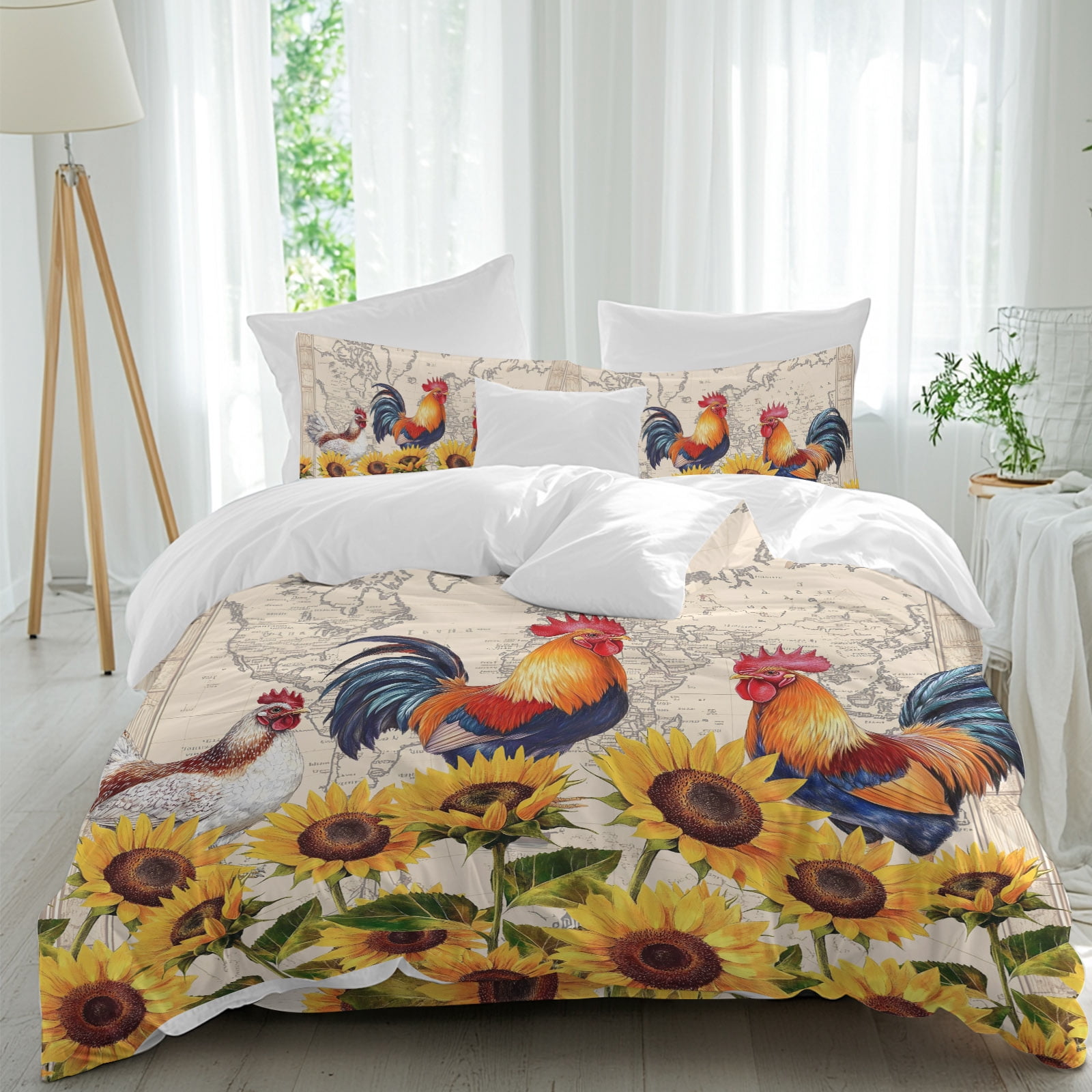 Chicken Duvet Cover Set Full Size, Sunflower Map 4 Piece Soft ...