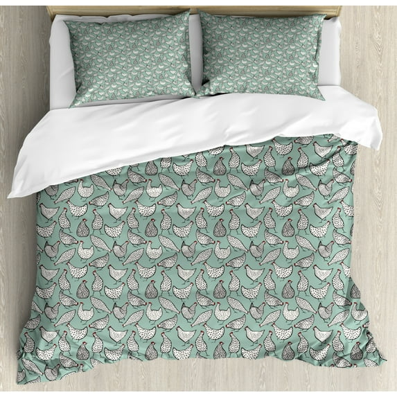 Chicken Duvet Cover Set Queen Size, Childish Doodle with Minimalist Stripes Dots Farm Organic Abstract, Decorative 3 Piece Bedding Set with 2 Pillow Shams, Almond Green and White, by Ambesonne